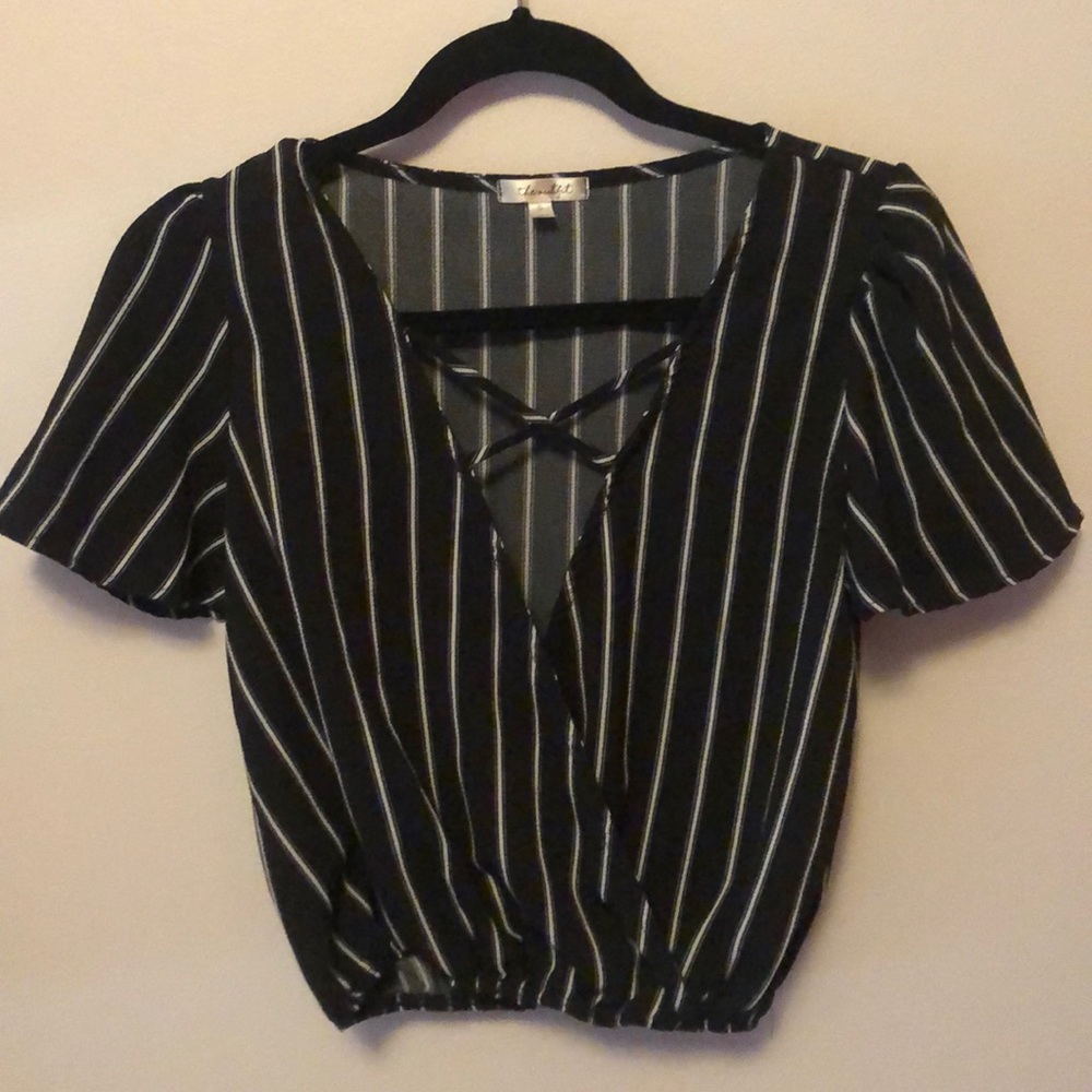 Black and white striped crop top with wrap detail